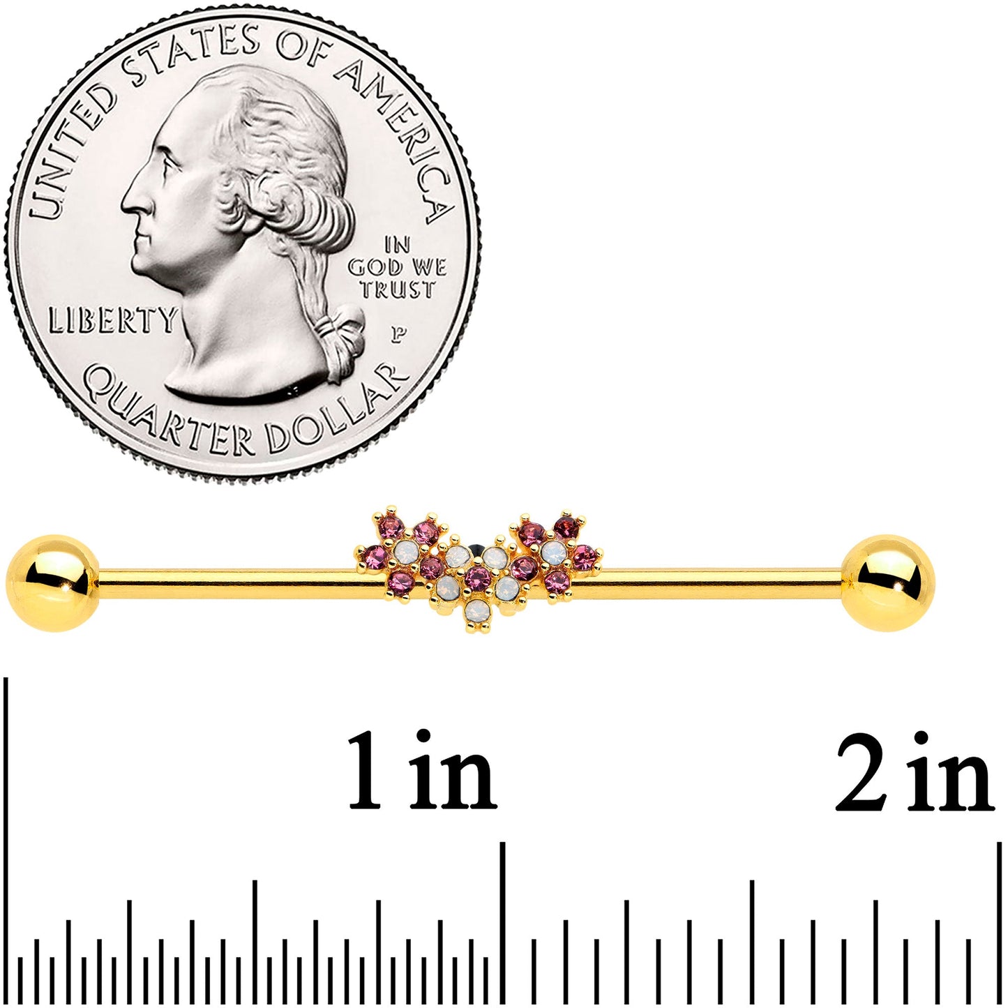 14 Gauge White Faux Opal Gold Hue Bunch Flower Industrial Barbell 38mm