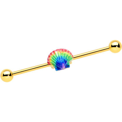 14 Gauge Gold Tone Rainbow Scallop Shell Industrial Barbell 38mm