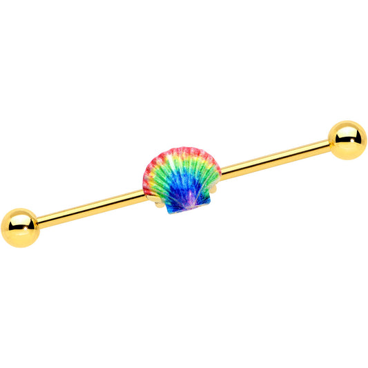 14 Gauge Gold Tone Rainbow Scallop Shell Industrial Barbell 38mm