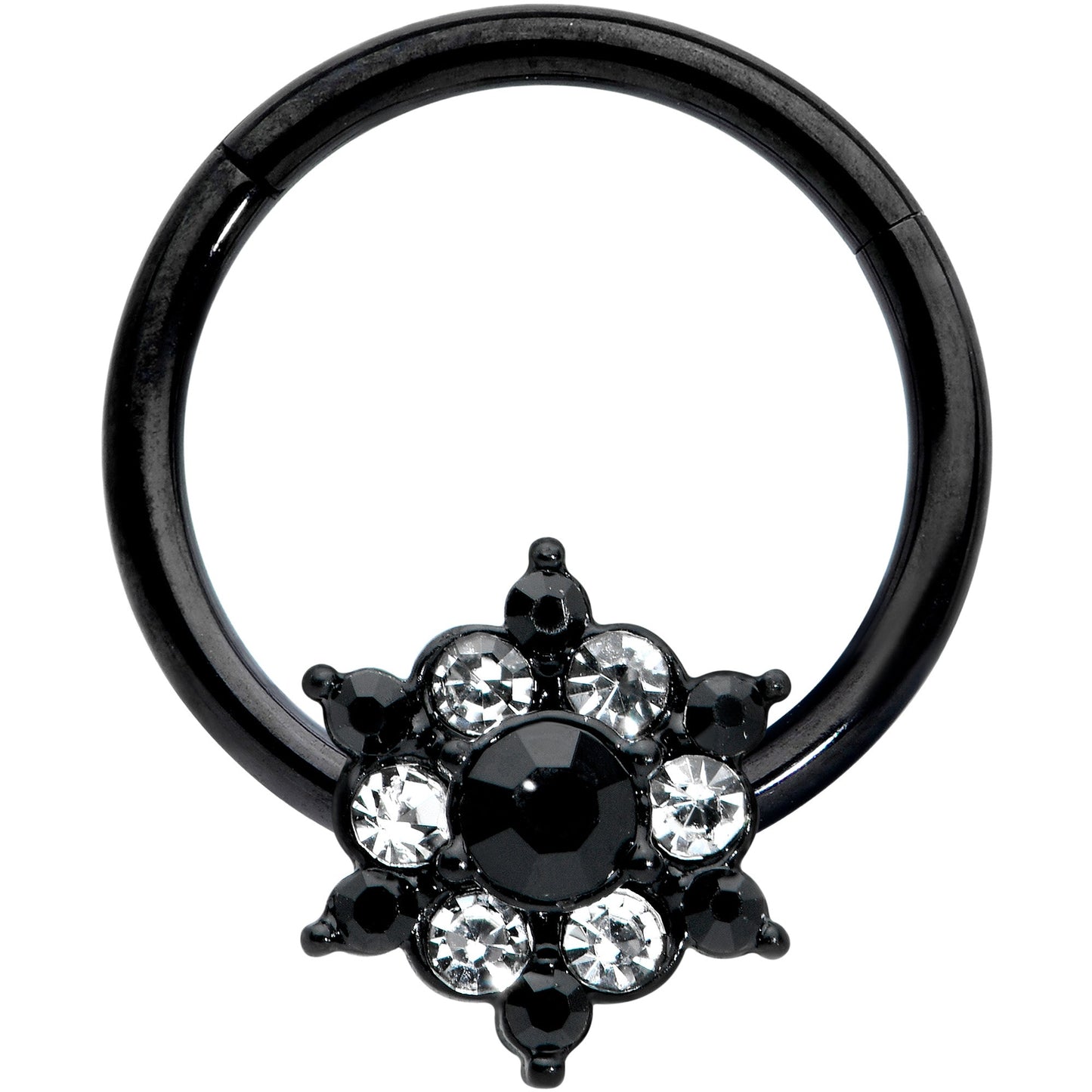 16 Gauge 3/8 Clear CZ Gem Black Abstract Sun Hinged Segment Ring