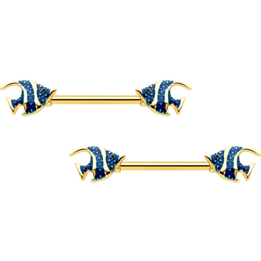 14 Gauge 9/16 Gold Tone Blue Stripe Adorable Angelfish Nipple Ring Set