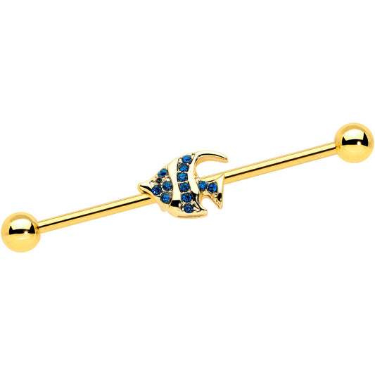 14 Gauge Blue Gem Gold Tone Adorable Angelfish Industrial Barbell 38mm