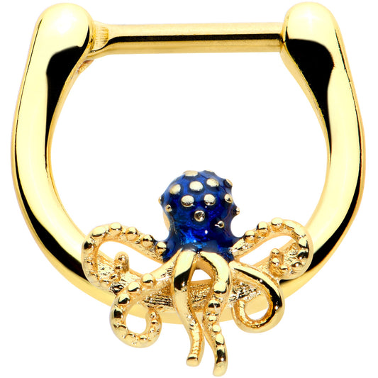 16 Gauge 5/16 Gold Tone Textured Blue Octopus Cartilage Clicker