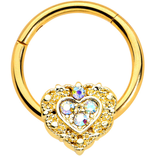 16 Gauge 3/8 Aurora Gem Gold Tone Baroque Heart Hinged Segment Ring