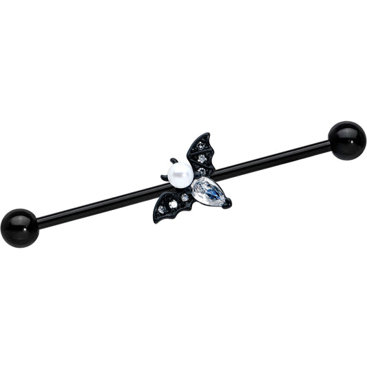 14 Gauge Faux Pearl Black Bat Halloween Industrial Barbell 38mm