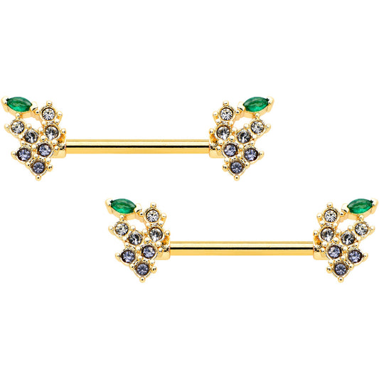 14 Gauge 9/16 Clear CZ Gem Gold Tone Bunch Grapes Nipple Ring Set