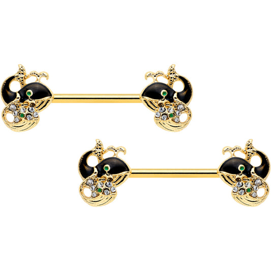 14 Gauge 9/16 Clear Gem Gold Tone Mom Baby Whale Nipple Ring Set