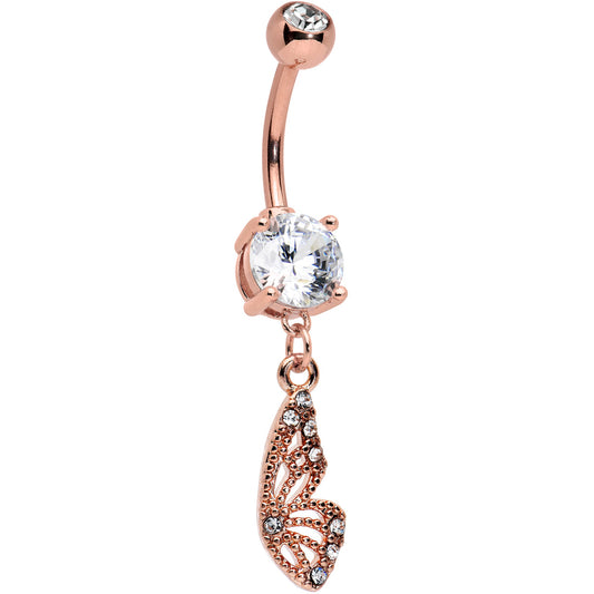 Clear Gem Rose Gold Tone Textured Butterfly Wing Dangle Belly Ring