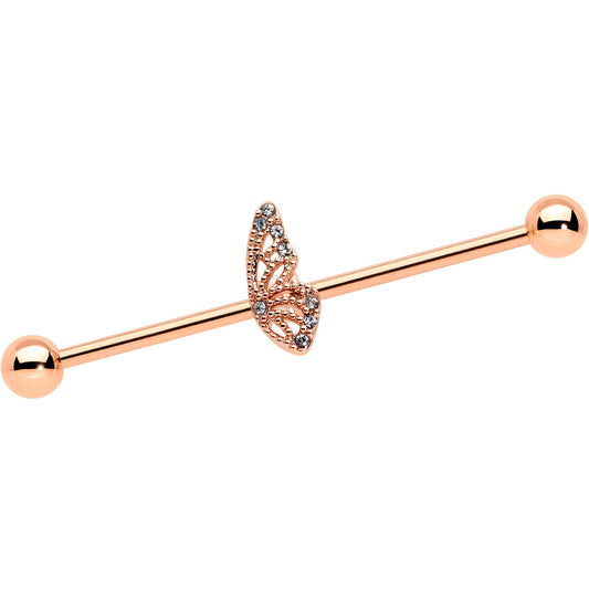 14 Gauge Clear Gem Rose Gold Tone Texture Wing Industrial Barbell 38mm