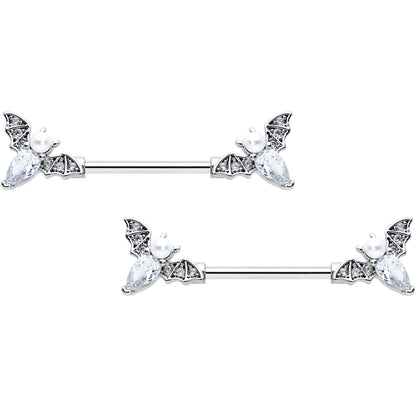 14 Gauge 9/16 Clear Gem Flying Bats Halloween Barbell Nipple Ring Set