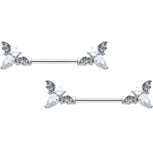 14 Gauge 9/16 Clear Gem Flying Bats Halloween Barbell Nipple Ring Set