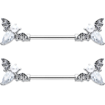 14 Gauge 9/16 Clear Gem Flying Bats Halloween Barbell Nipple Ring Set