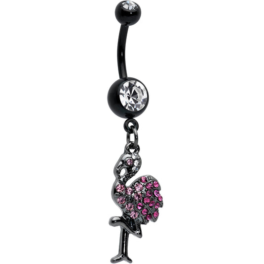 Clear Pink Gem Black Fashionable Flamingo Dangle Belly Ring