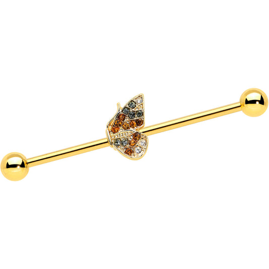 14 Gauge Clear Orange Gem Gold Hue Baroque Butterfly Industrial Barbell 38mm