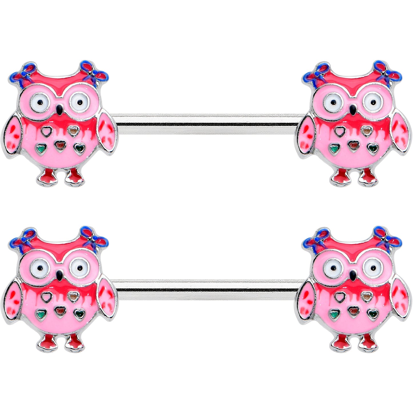 14 Gauge 9/16 Bow Pink Heart Owls Barbell Nipple Ring Set