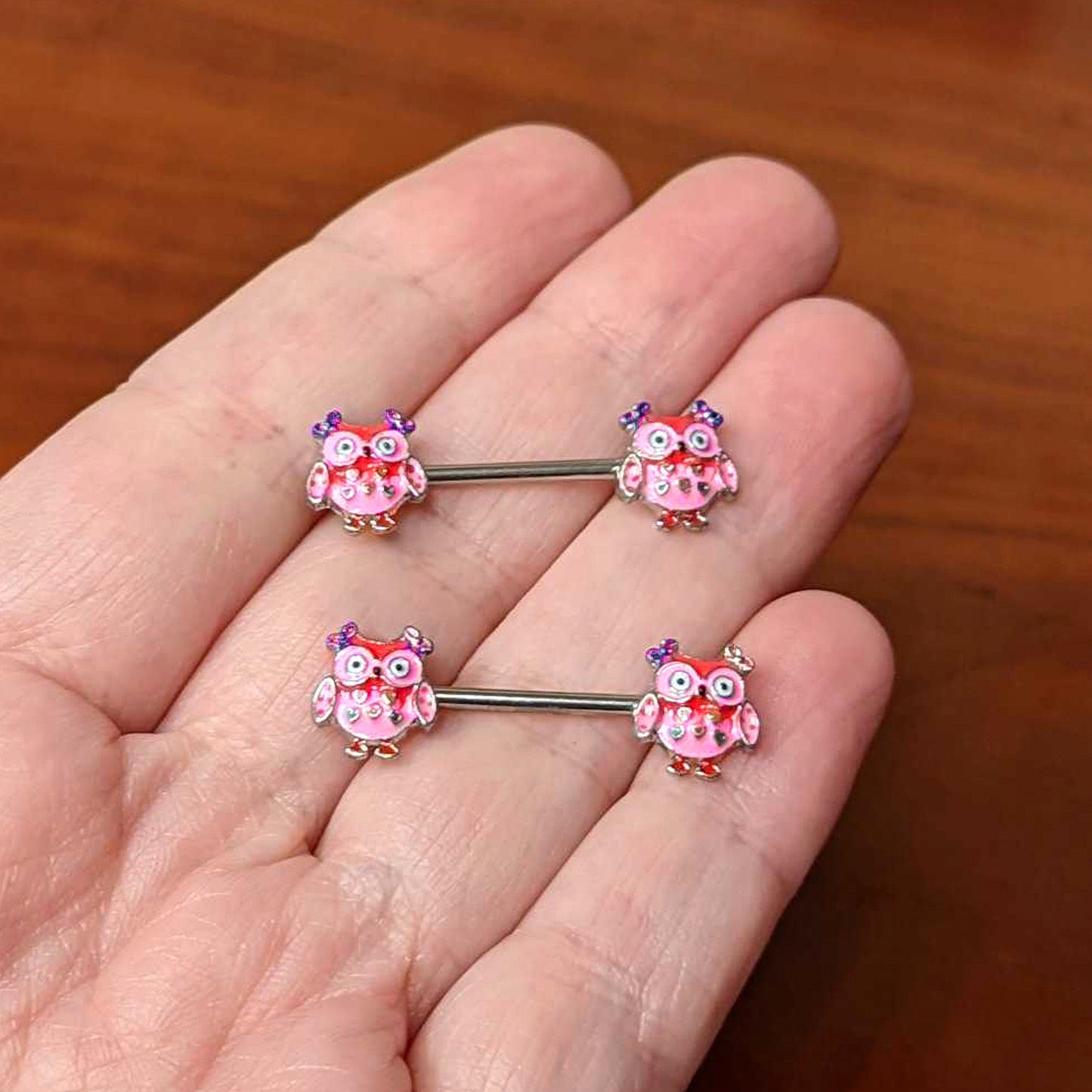 14 Gauge 9/16 Bow Pink Heart Owls Barbell Nipple Ring Set