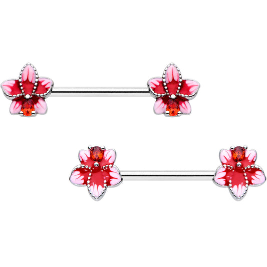 14 Gauge 9/16 Red Gem Tropical Flower Barbell Nipple Ring Set