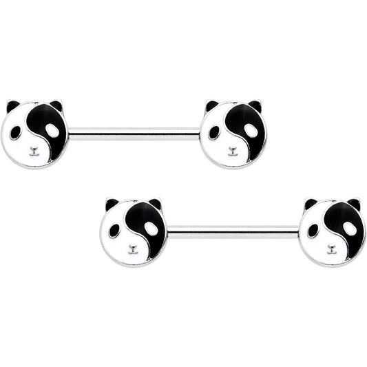 14 Gauge 9/16 Yin Yang Panda Bear Barbell Nipple Ring Set