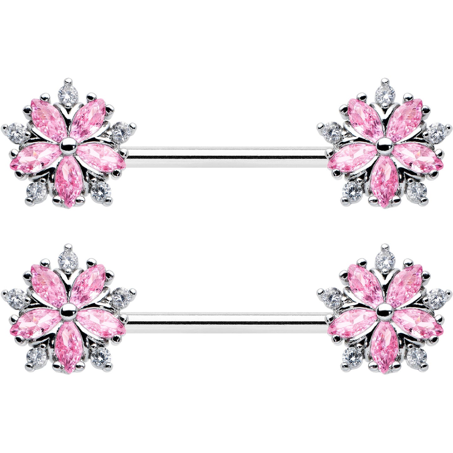 14 Gauge 9/16 Pink CZ Gem Floral Burst Barbell Nipple Ring Set