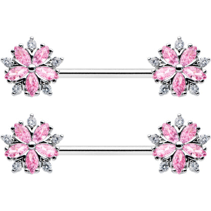 14 Gauge 9/16 Pink CZ Gem Floral Burst Barbell Nipple Ring Set