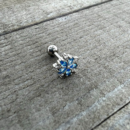 16 Gauge 1/4 Blue CZ Gem Floral Burst Cartilage Tragus Earring