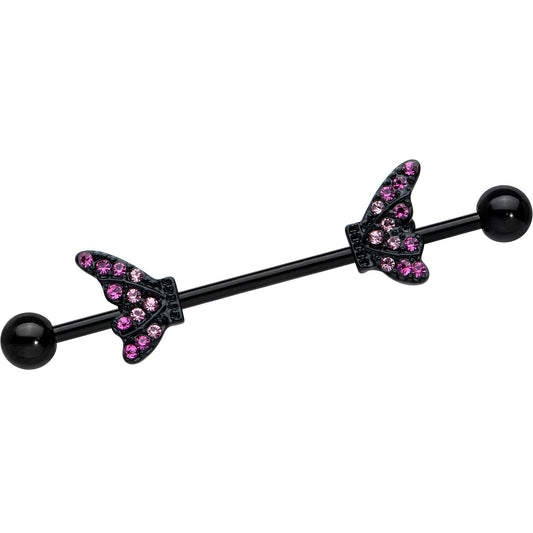 14 Gauge Pink Gem Black Moveable Wing Butterfly Industrial Barbell 38mm