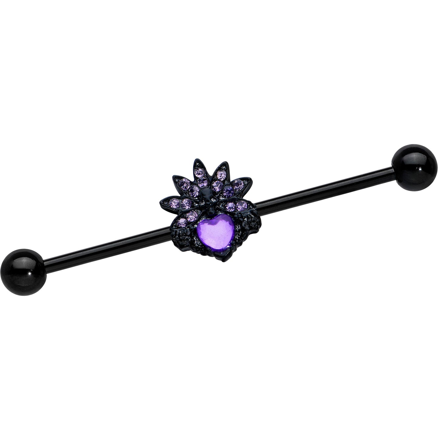 14 Gauge Purple Gem Black Skull Blossom Heart Industrial Barbell 38mm