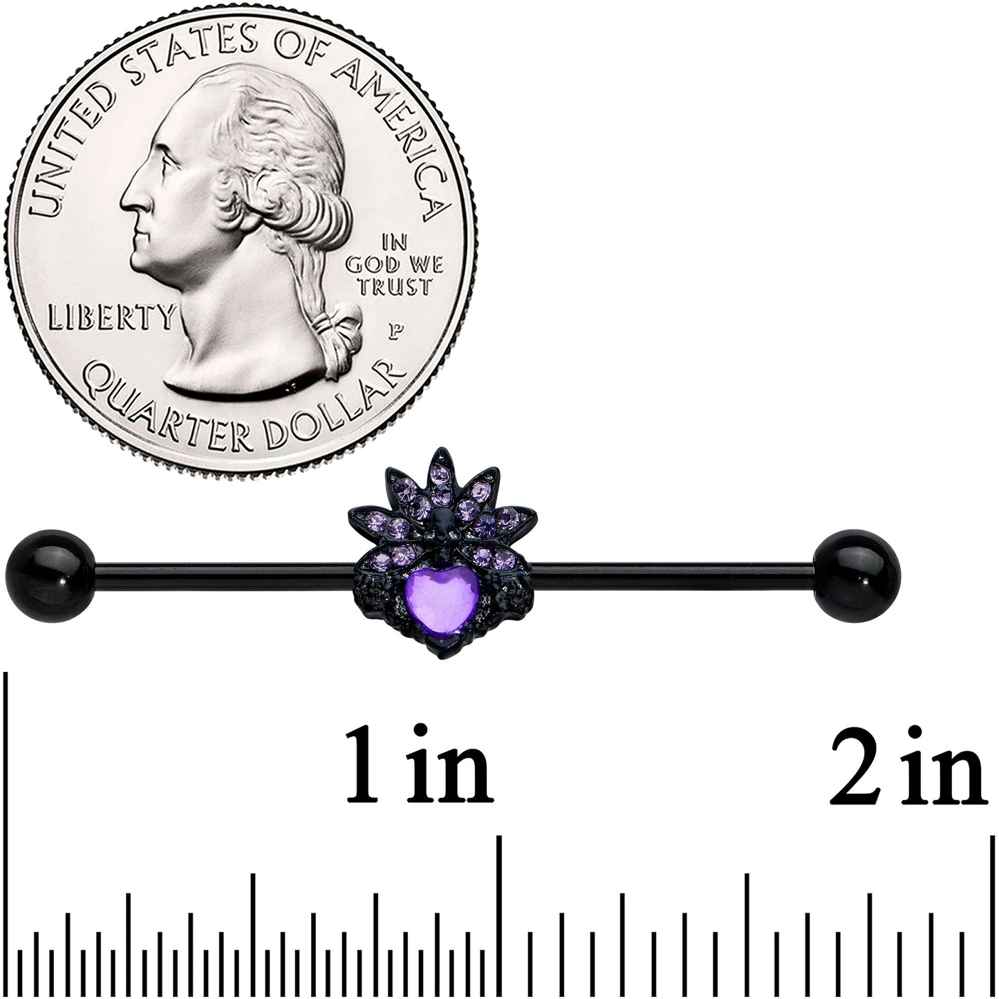 14 Gauge Purple Gem Black Skull Blossom Heart Industrial Barbell 38mm