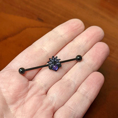 14 Gauge Purple Gem Black Skull Blossom Heart Industrial Barbell 38mm