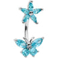 Blue CZ Gem Flower Butterfly Double Mount Belly Ring