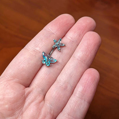 Blue CZ Gem Flower Butterfly Double Mount Belly Ring