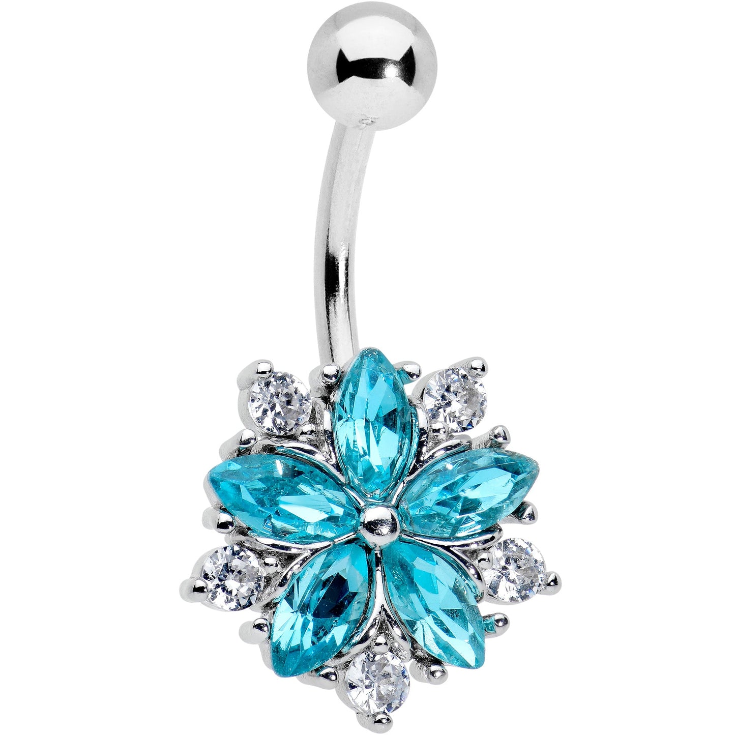 Blue Clear CZ Gem Baroque Floral Burst Belly Ring