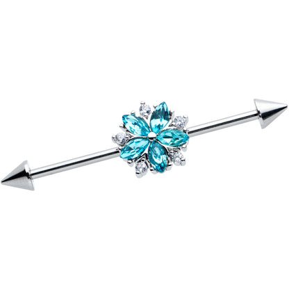 14 Gauge Blue CZ Gem Floral Baroque Burst Cone Industrial Barbell 38mm