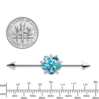 14 Gauge Blue CZ Gem Floral Baroque Burst Cone Industrial Barbell 38mm