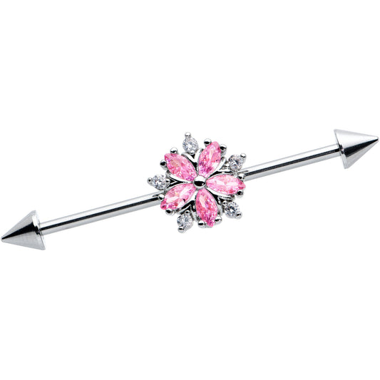 14 Gauge Pink CZ Gem Floral Baroque Burst Cone Industrial Barbell 38mm