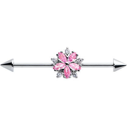 14 Gauge Pink CZ Gem Floral Baroque Burst Cone Industrial Barbell 38mm