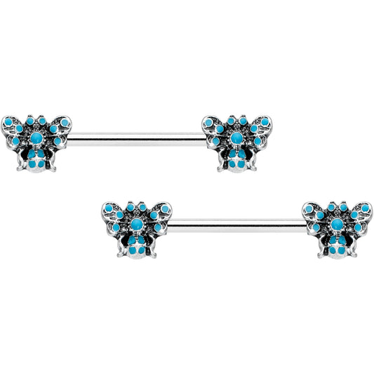 14 Gauge 9/16 Textured Blue Butterfly Barbell Nipple Ring Set