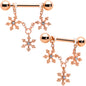 14 Gauge 9/16 Clear Gem Rosy Hue Snowflake Chain Dangle Nipple Ring Set