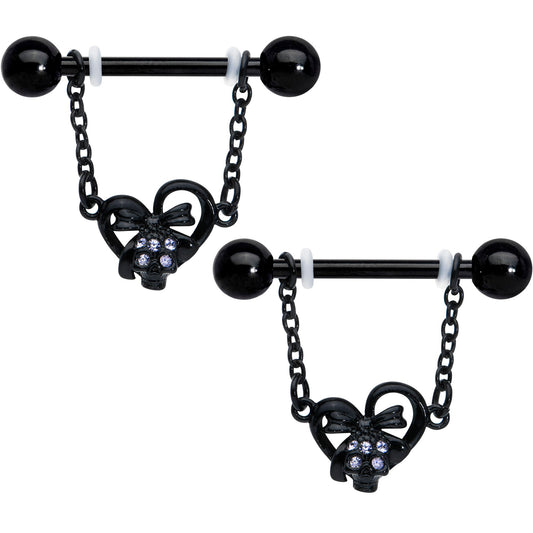 14 Gauge 9/16 Clear Gem Black Skull Bow Heart Dangle Nipple Ring Set