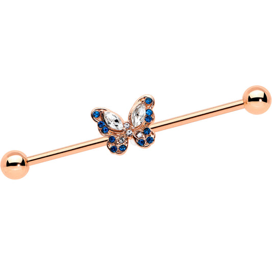 14 Gauge Blue Gem Rosy Tone Butterfly Wings Industrial Barbell 38mm