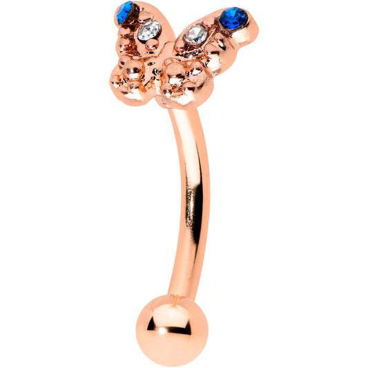 16 Gauge 5/16 Blue Gem Rose Gold Tone Butterfly Curved Eyebrow Ring