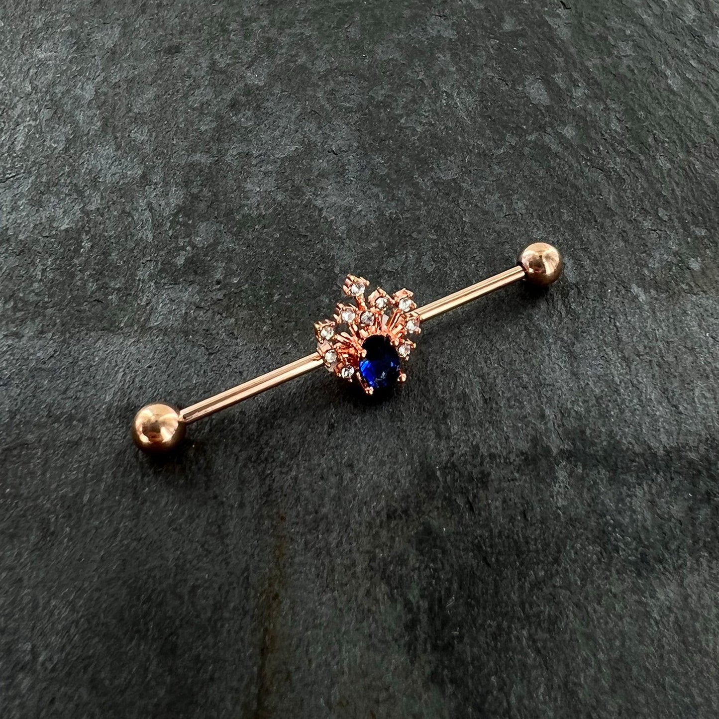 14 Gauge Blue Gem Rose Gold Tone Glamour Flare Industrial Barbell 38mm