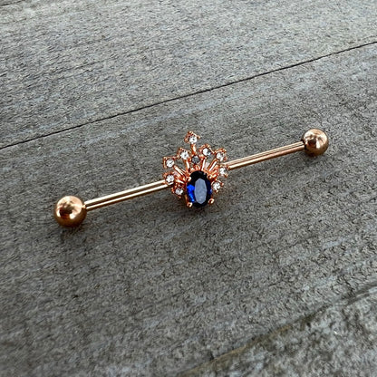 14 Gauge Blue Gem Rose Gold Tone Glamour Flare Industrial Barbell 38mm