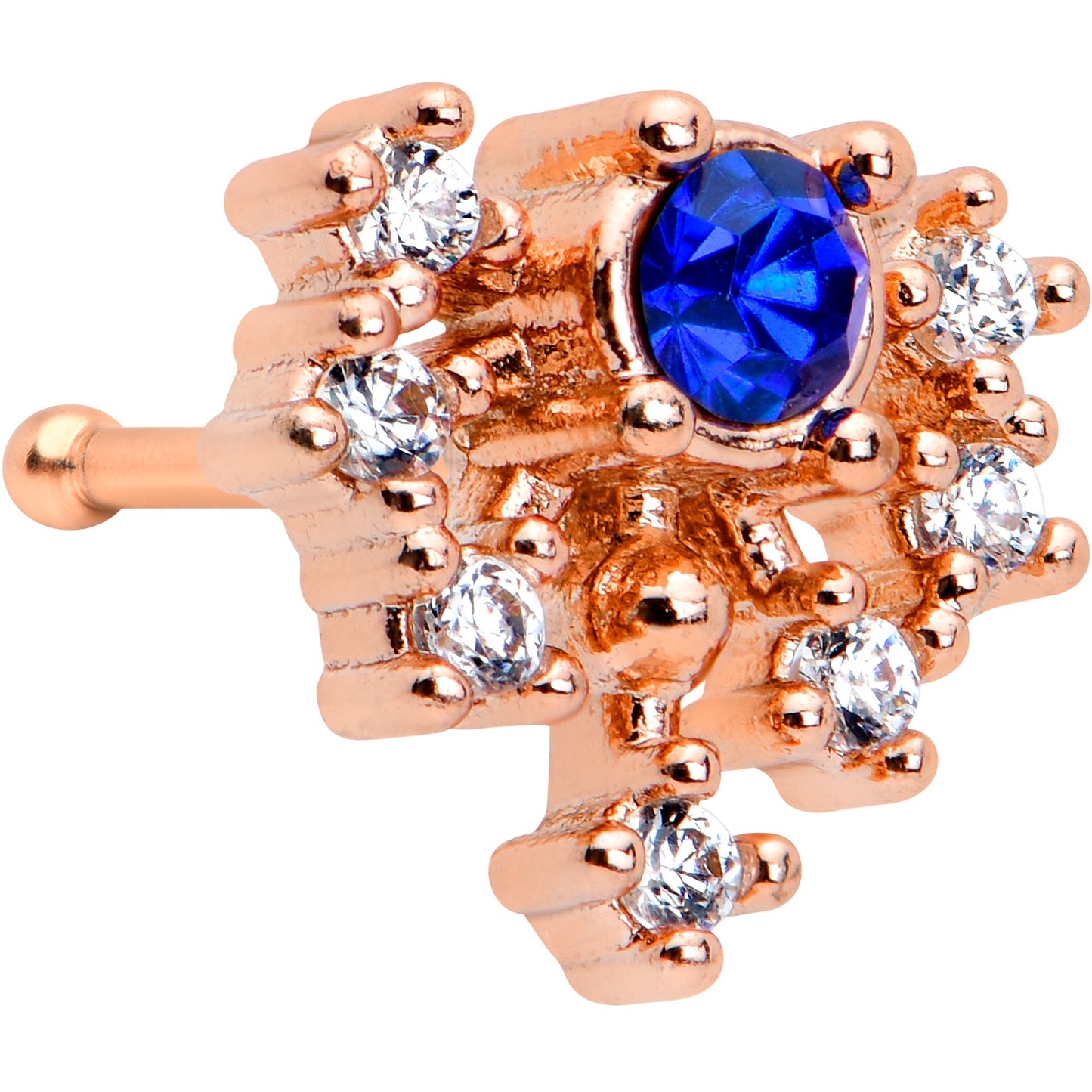 20 Gauge 1/4 Blue Clear Gem Rose Gold Tone Glamour Flare Nose Bone