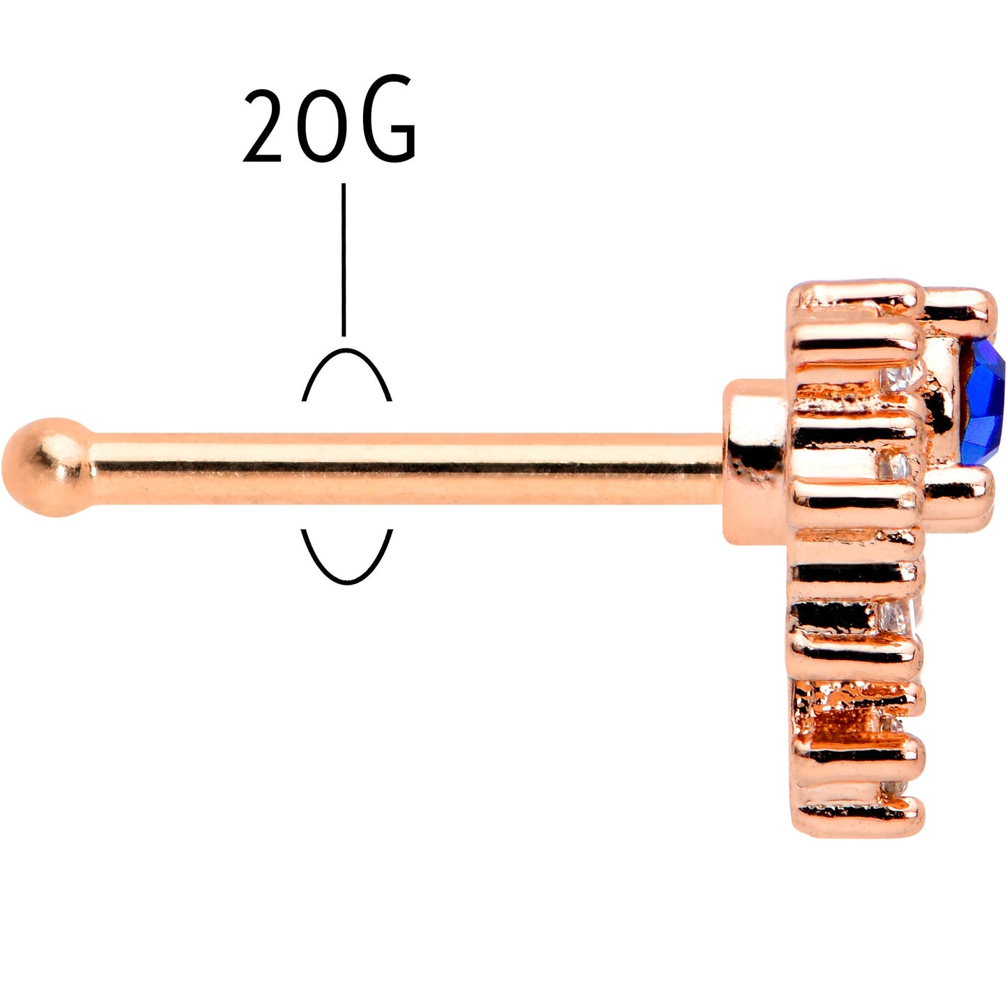 20 Gauge 1/4 Blue Clear Gem Rose Gold Tone Glamour Flare Nose Bone