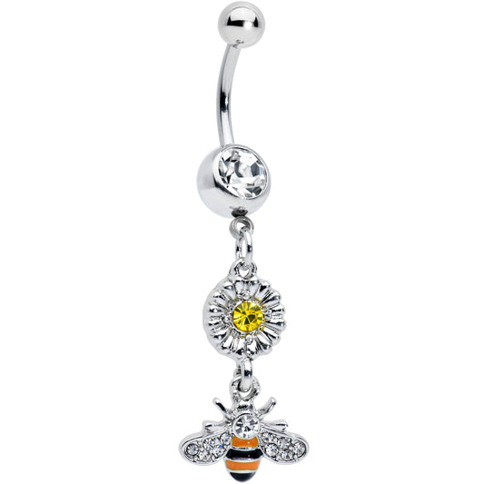 Clear Yellow Gem Striped Bee Daisy Flower Dangle Belly Ring