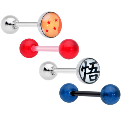 Licensed Dragonball Z Blue Red Star Kanji Barbell Tongue Ring Set of 4