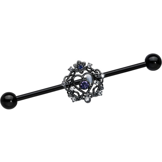 14 Gauge Purple Gem Black Regal Crown Heart Industrial Barbell 38mm