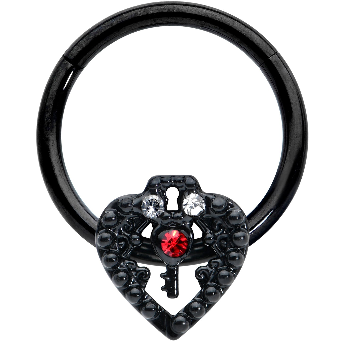 16 Gauge 3/8 Red Clear Gem Black Key Heart Hinged Segment Ring