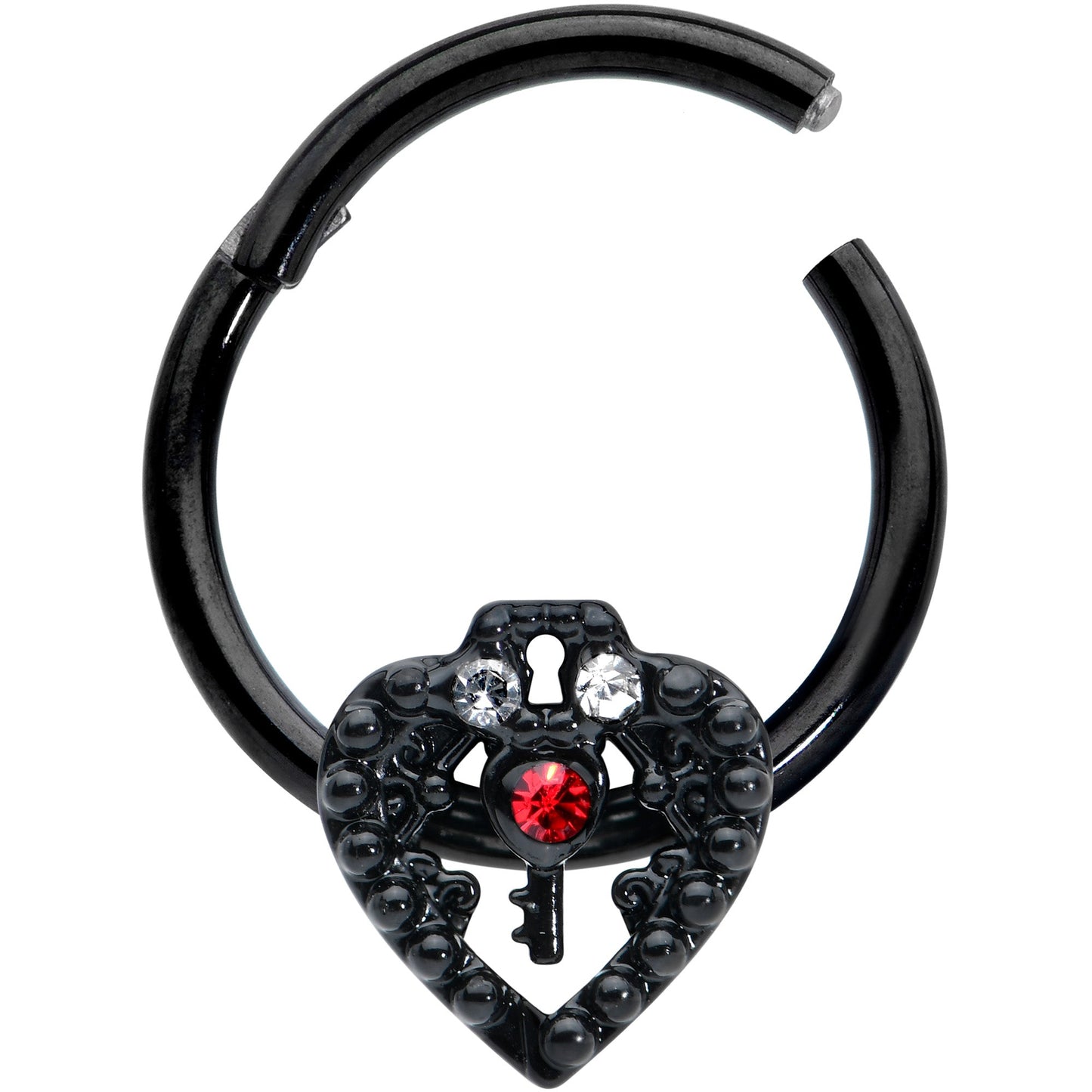 16 Gauge 3/8 Red Clear Gem Black Key Heart Hinged Segment Ring